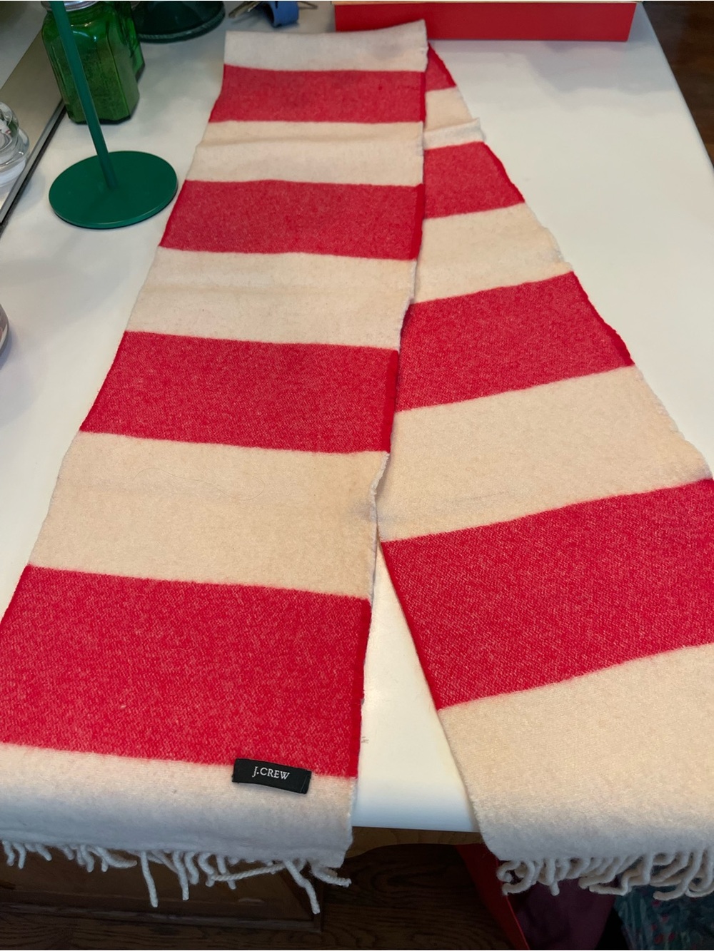 J. Crew Red and Cream Wide Stripe Wool Scarf